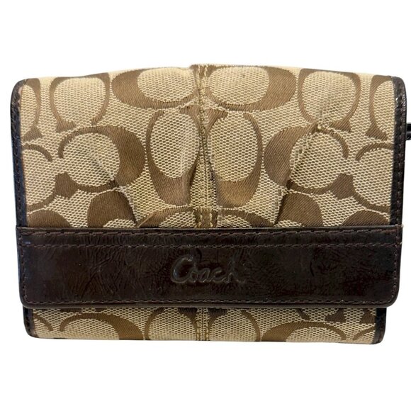 Coach Wallet Women's Brown Leather Signature C Logo Monogram Bifold Vintage - Picture 1 of 10